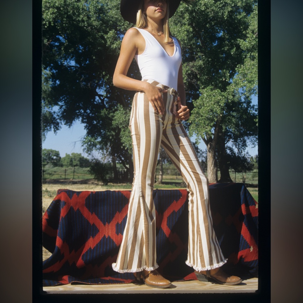 Show Me Your MuMu Beige & Cream Striped High-Rise Flare Pants - music festival!